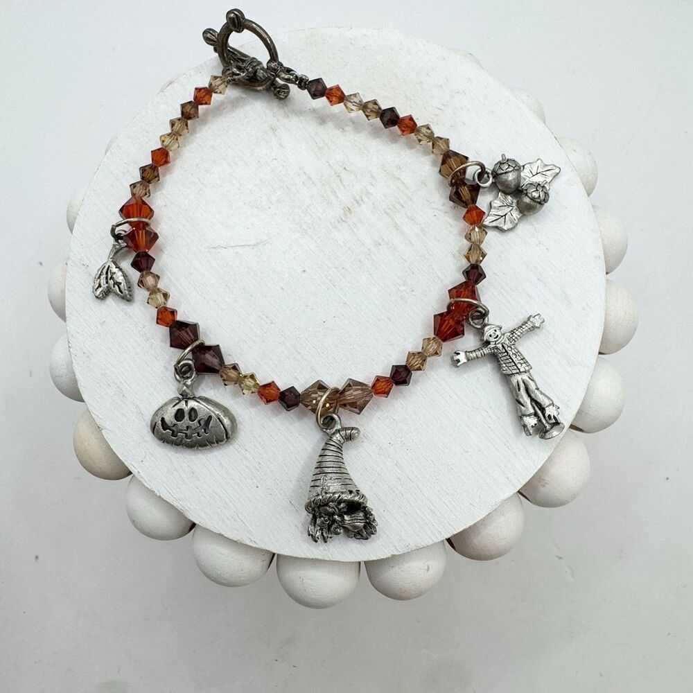 Fall Halloween Autumn Beaded Charm Bracelet Pumpkin Scarecrow Cornucopia
